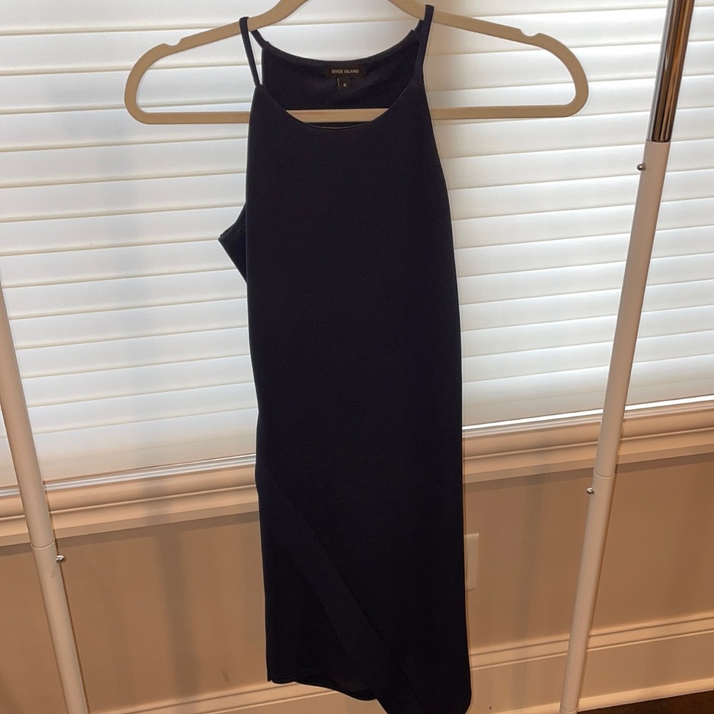 Navy mini asymmetrical high neck dress